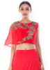 Red Raw Silk Crop Top With Skirt