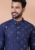 Blue Mens Kurta Pajama In Foil Mirror Work