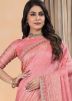 Pink Sequins Embroidered Saree In Linen