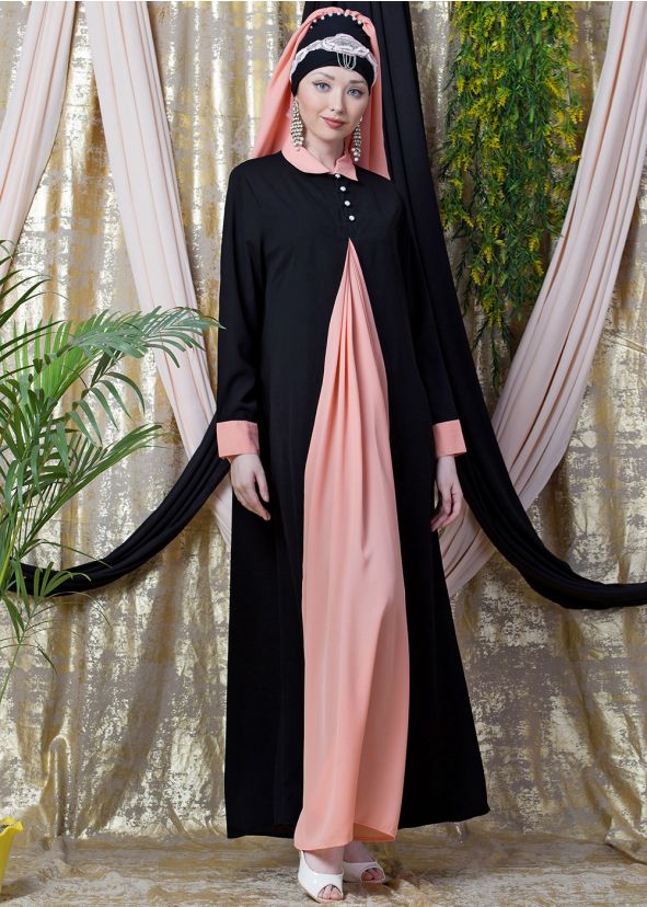 Readymade Black and Peach Contrast Collar Abaya