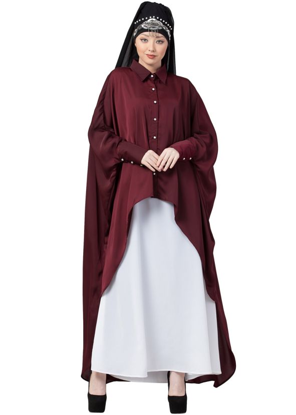 Readymade Maroon Shirt Style Kaftan With Abaya