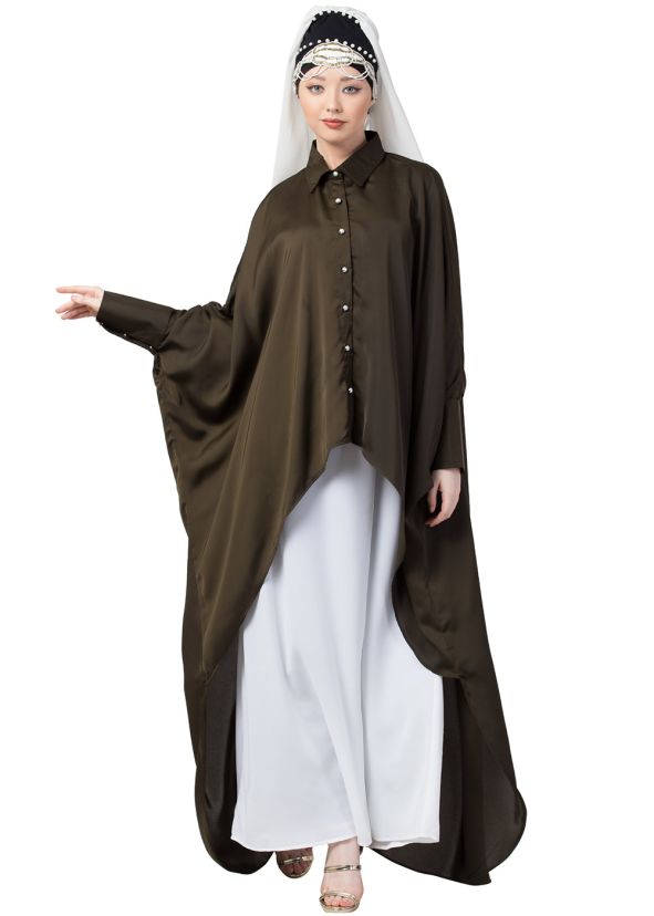 Green Shirt Style Readymade Kaftan With Abaya