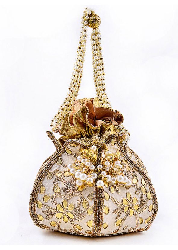 Cream Gota Patti Embellished Potli Bag