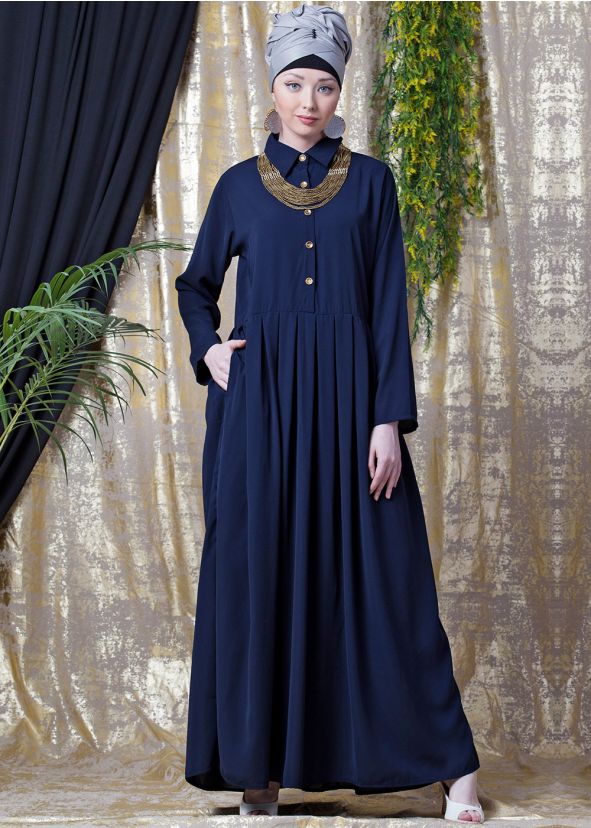 Readymade Flared Crepe Collared Blue Abaya