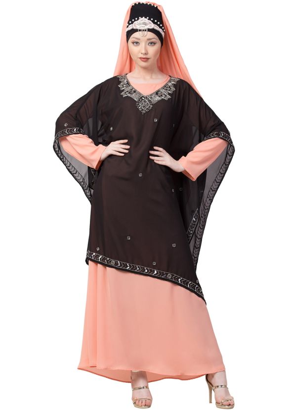 Black and Peach Twin Layered Readymade Abaya