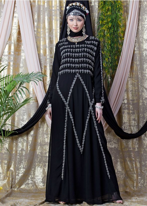 Black Readymade Embroidered Georgette Abaya