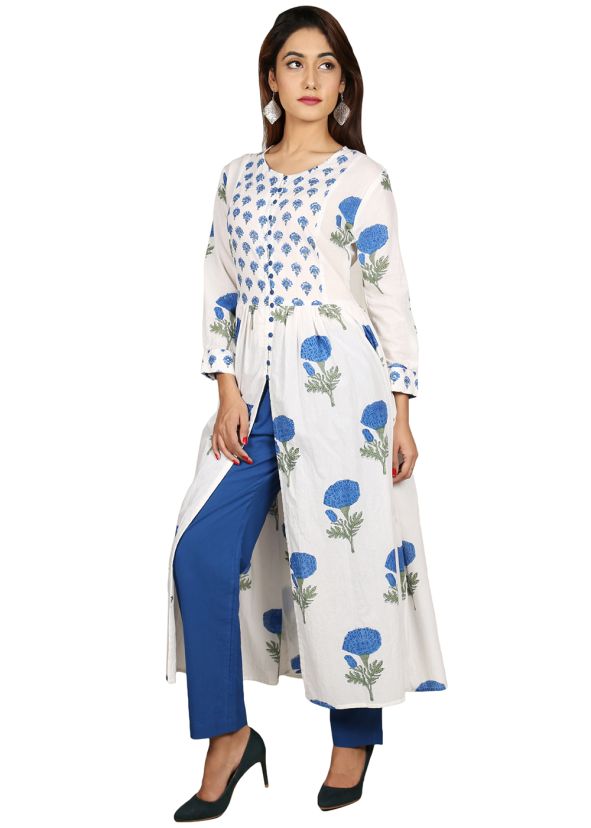 Buy White Block Printed Cotton Readymade Indian Kurtis Online USA