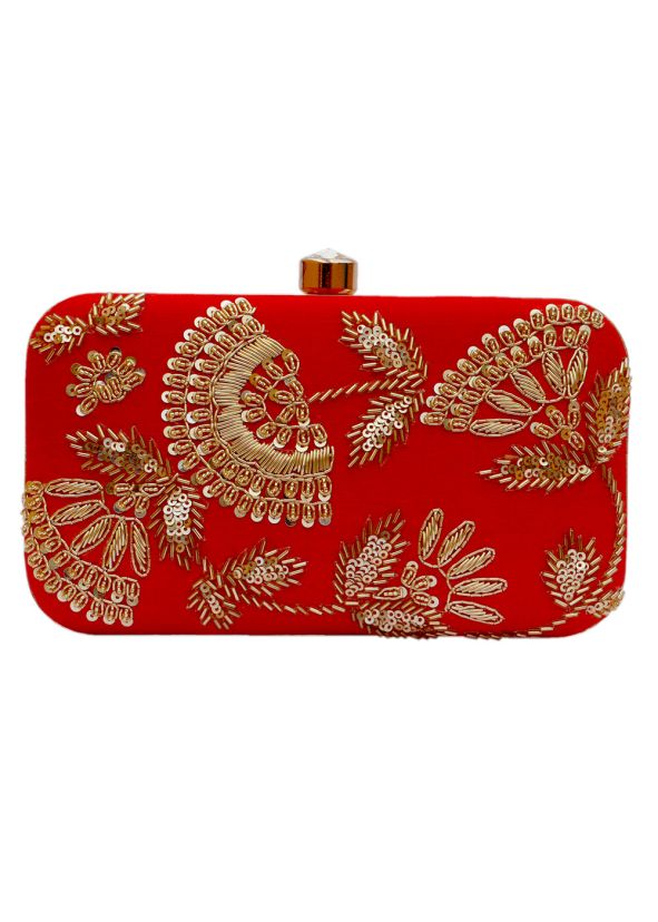 Sequins Embellished Red Clutch With Chain Strap