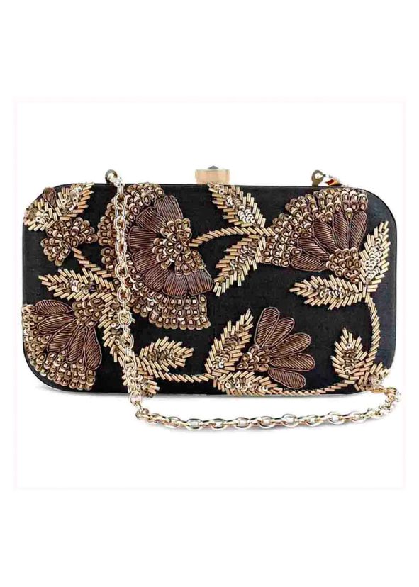 Embroidered Black Silk Frame Box Clutch