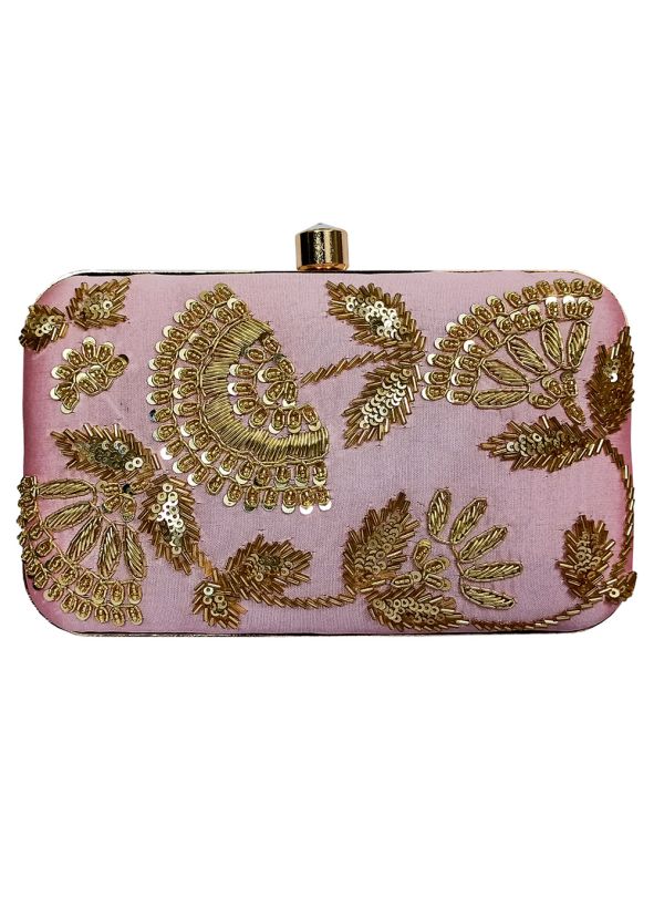 Embroidered Pink Silk Clutch With Chain Strap