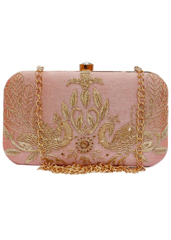 Embroidered Peach Silk Frame Box Clutch