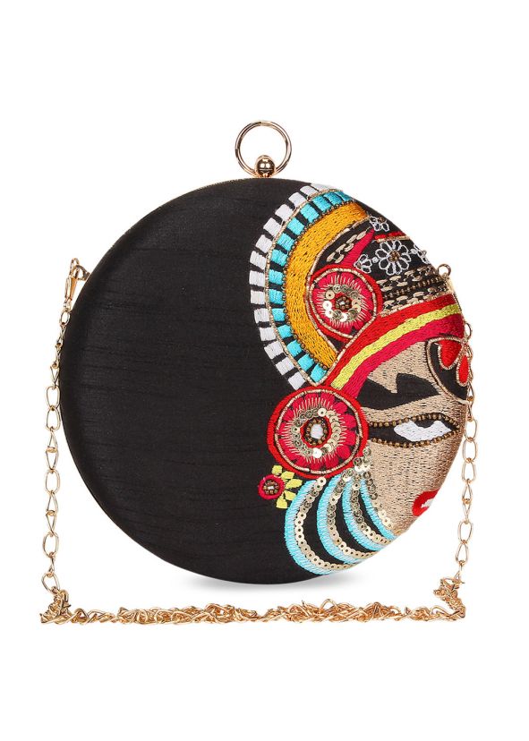 Black Embroidered Silk Round Clutch With Chain Strap