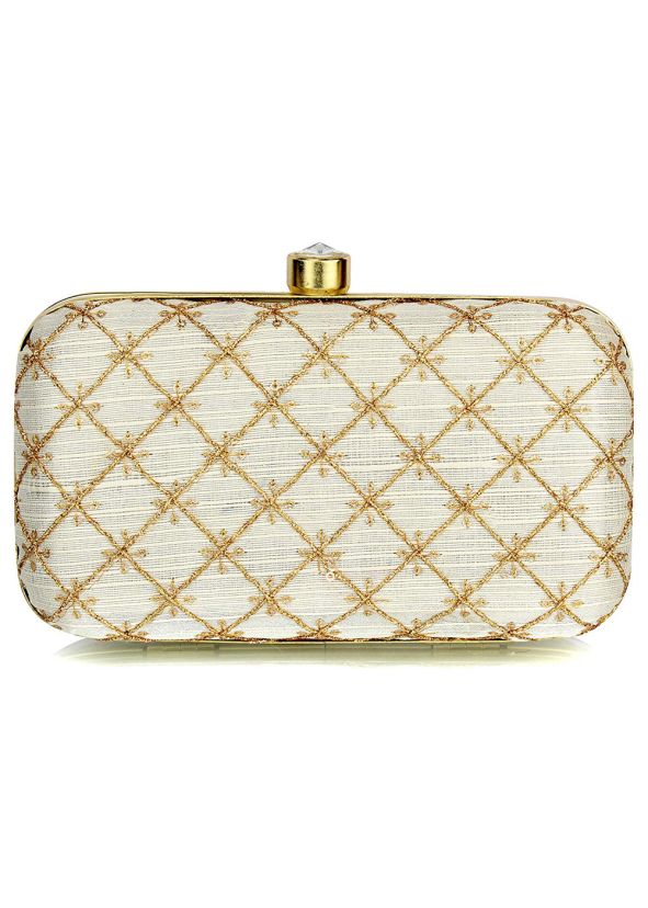 Embroidered Cream Silk Frame Box Clutch