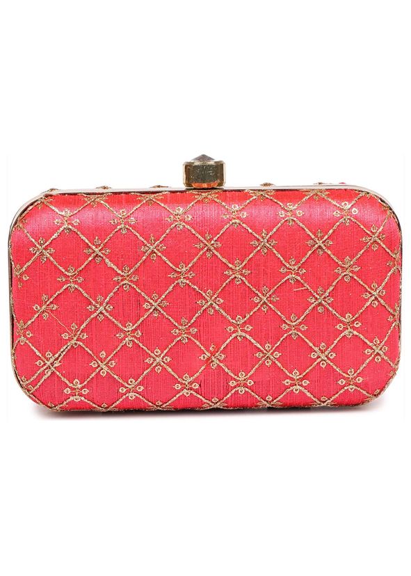 Pink Embroidered Silk Clutch With Chain Strap