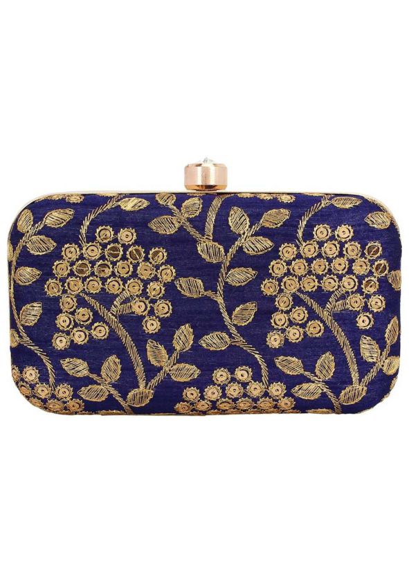 Sequins Embellished Navy Blue Silk Clutch