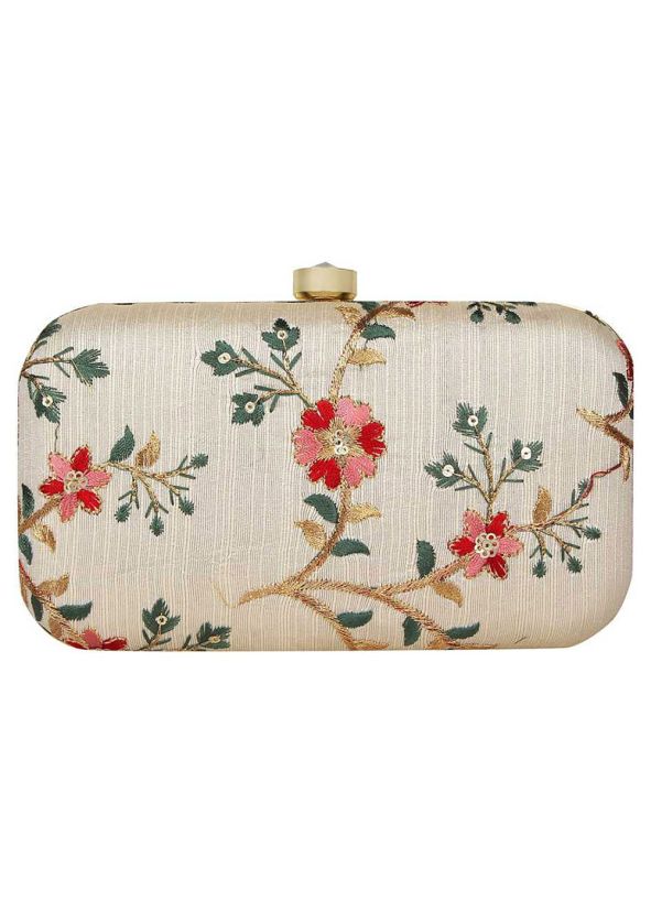 Cream Embroidered Silk Clutch With Chain Strap