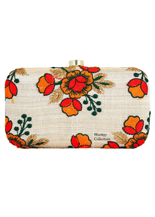 Floral Embroidered Cream Clutch With Chain Strap