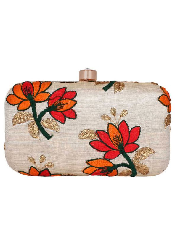 Embroidered Cream Frame Box Clutch