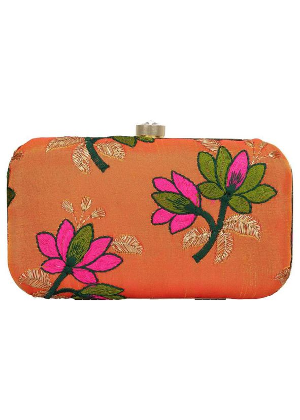 Floral Embroidered Orange Frame Box Clutch