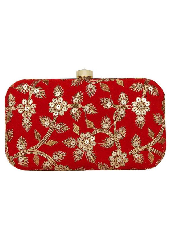 Floral Embroidered Red Velvet Frame Box Clutch