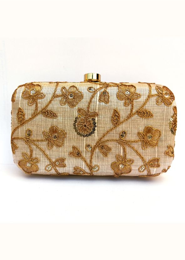 Floral Embroidered Golden Clutch With Chain Strap