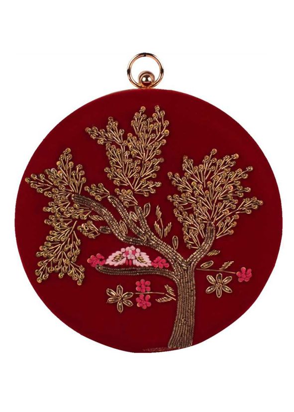 Embroidered Maroon Velvet Round Clutch