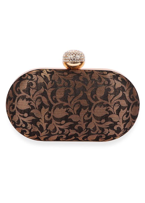 Woven Brocade Black Clutch With Chain Strap