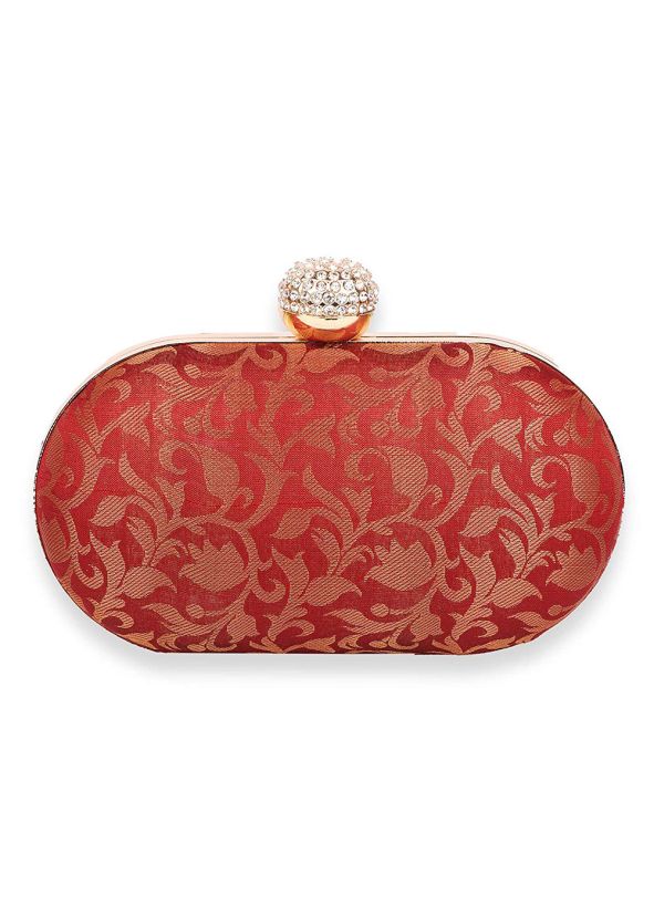 Woven Brocade Maroon Clutch With Chain Strap