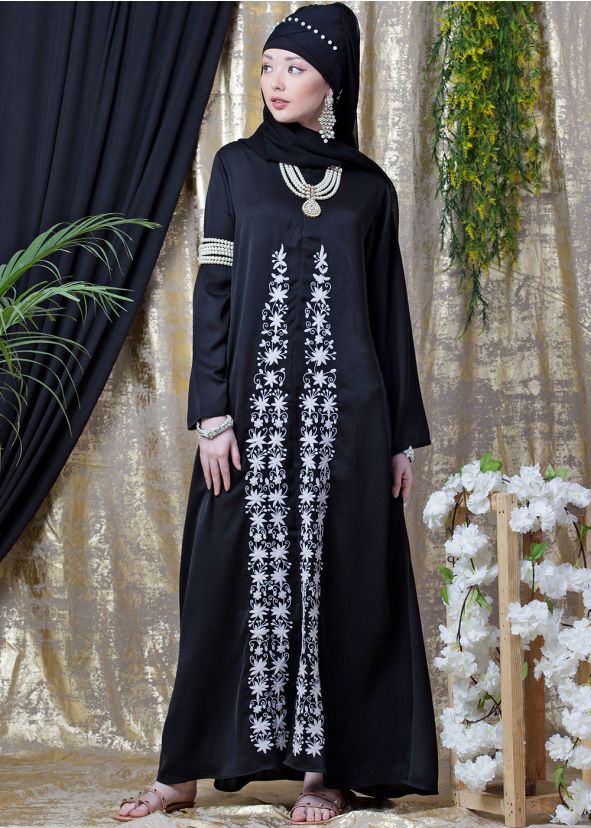 Readymade Embroidered Satin Abaya In Black