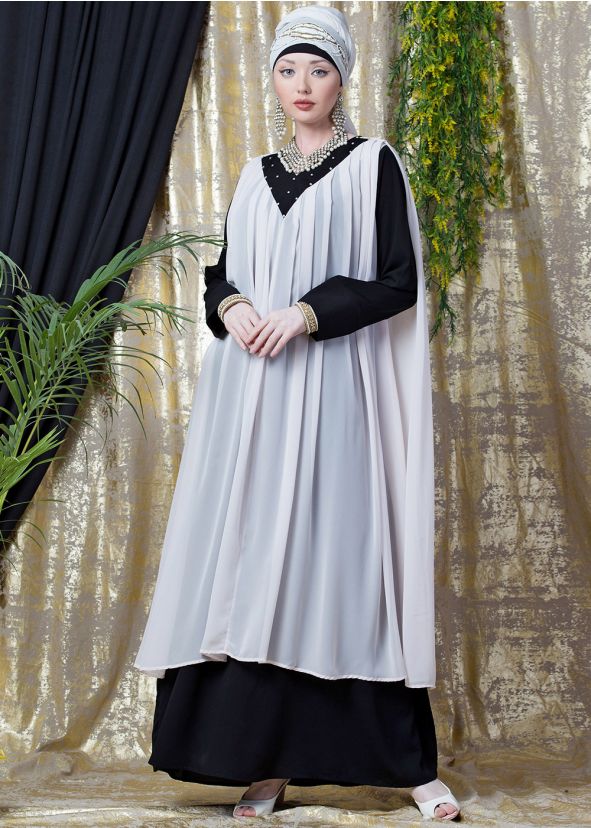 Readymade White and Black Twin Layered Abaya