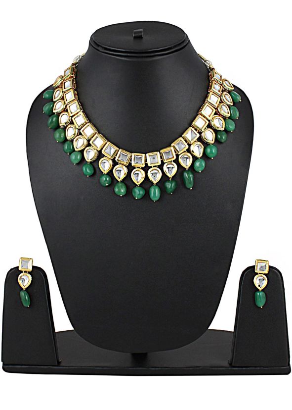 Indian Jewelry Online: Buy Golden Green Kudan Stone Studded Necklace Online