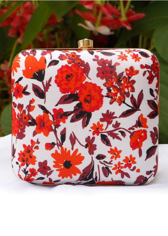 Floral Printed White Art Silk Square Box Clutch