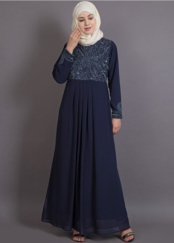 Navy Blue Readymade Embellished Flared Abaya