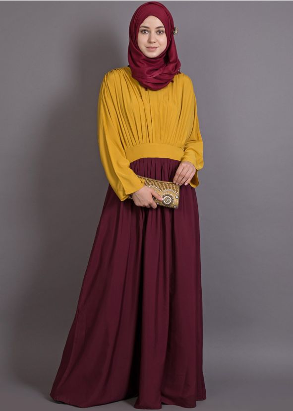 Yellow and Maroon Crape Readymade Abaya