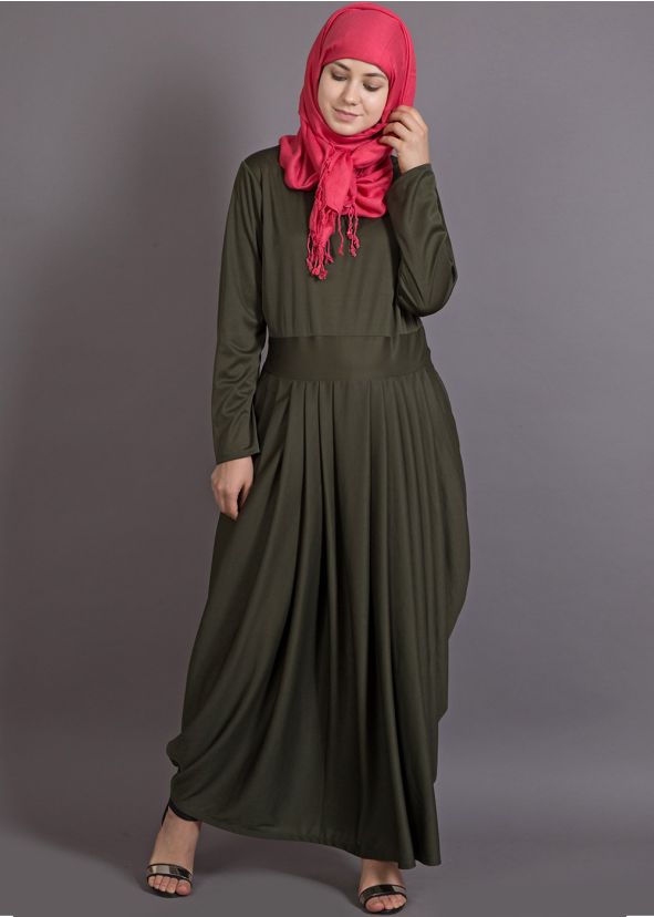 Green Readymade Lycra Pleated Flared Abaya