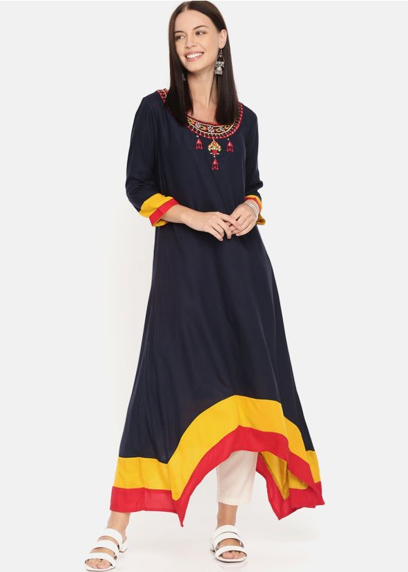 Readymade Navy Blue Asymmetric Long Kurta With Pant