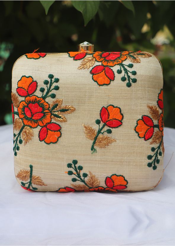 Floral Embroidered Beige Square Box Clutch