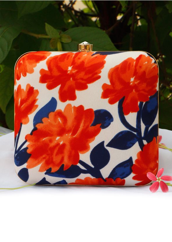 Floral Printed White Art Silk Square Box Clutch