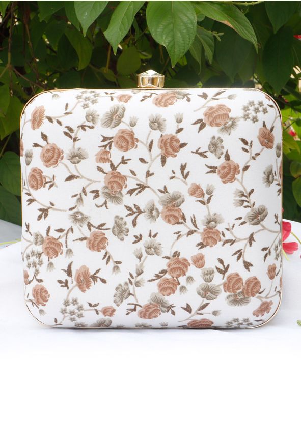 Floral Printed White Art Silk Square Box Clutch