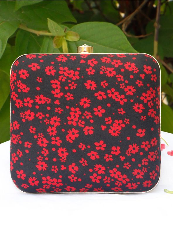 Floral Printed Black Art Silk Square Clutch