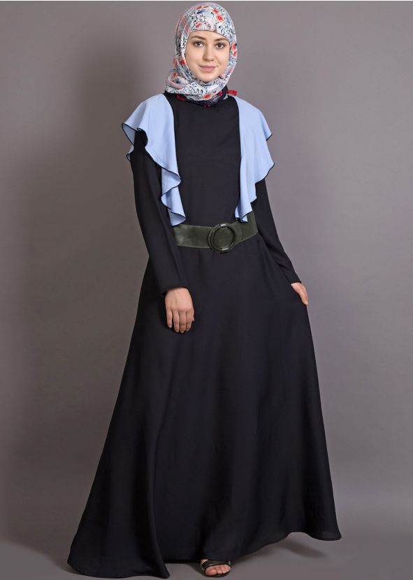 Black and Blue Frilled Design Readymade Abaya