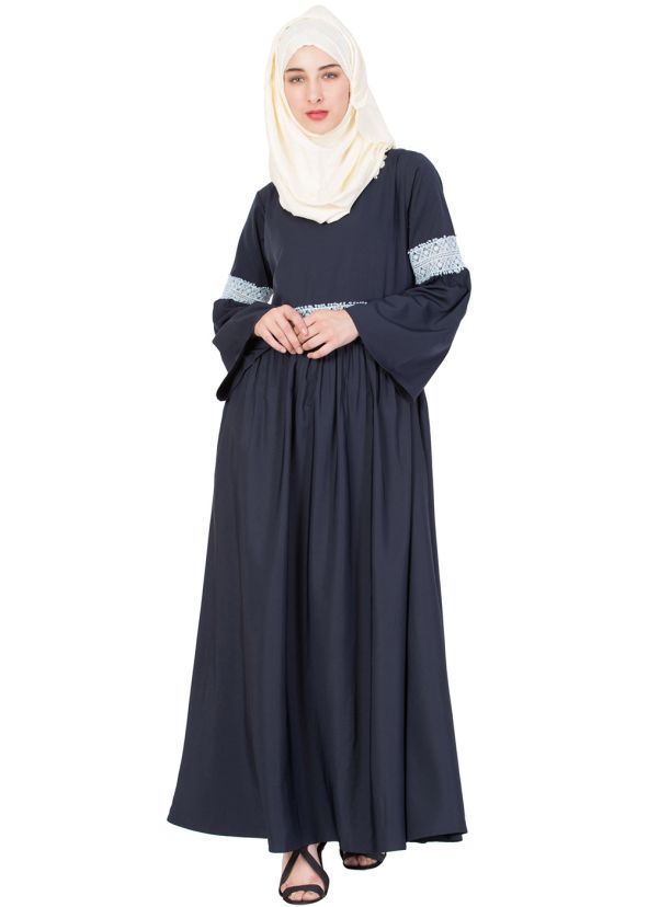 Navy Blue Readymade Crochet Lace Crape Abaya