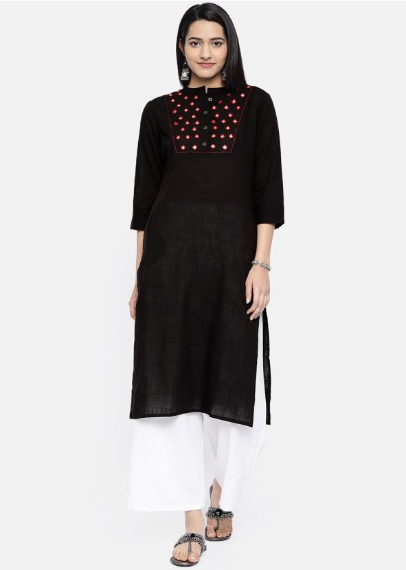 Black Cotton Straight Cut Long Kurta With Palazzo