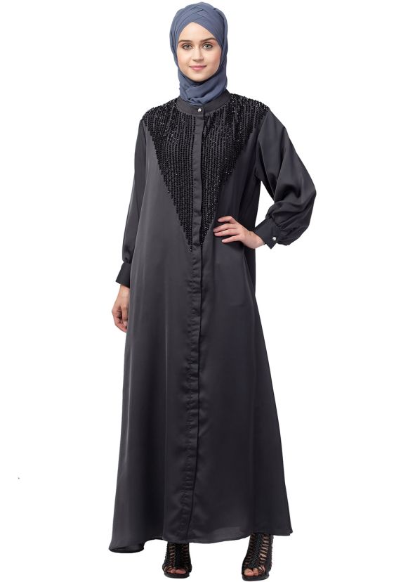 Grey Beads Work Readymade Abaya