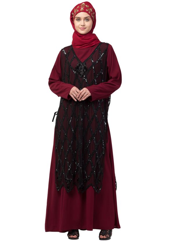 Readymade Maroon Twin Layered Embroidered Abaya