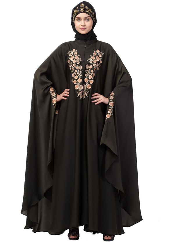 Black Readymade Thread Embroidered Kaftan