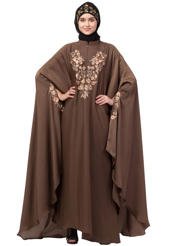 Light Brown Thread Embroidered Readymade Kaftan