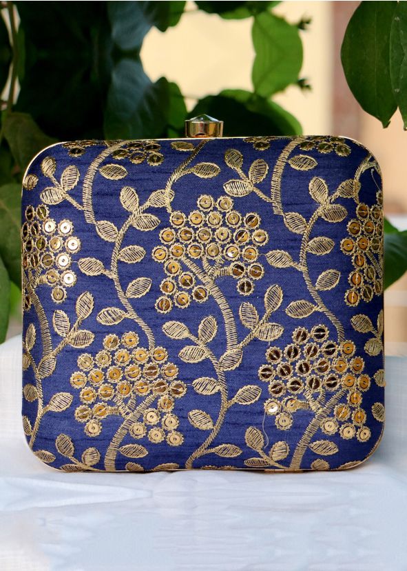 Sequins Embellished Navy Blue Art Silk Square Clutch