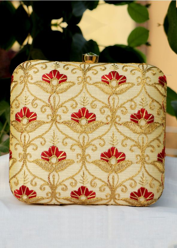 Embroidered Art Silk Golden Square Clutch