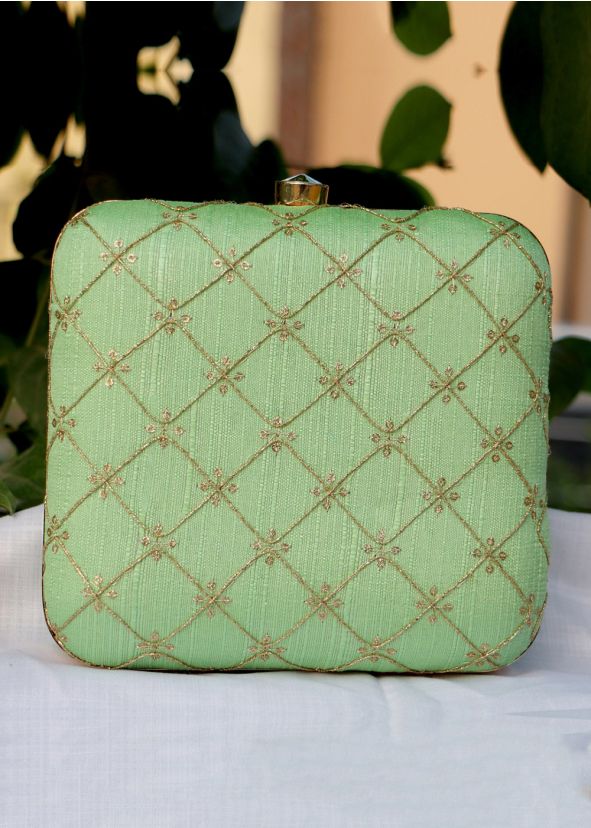 Sequins Embellished Art Silk Green Square Clutch